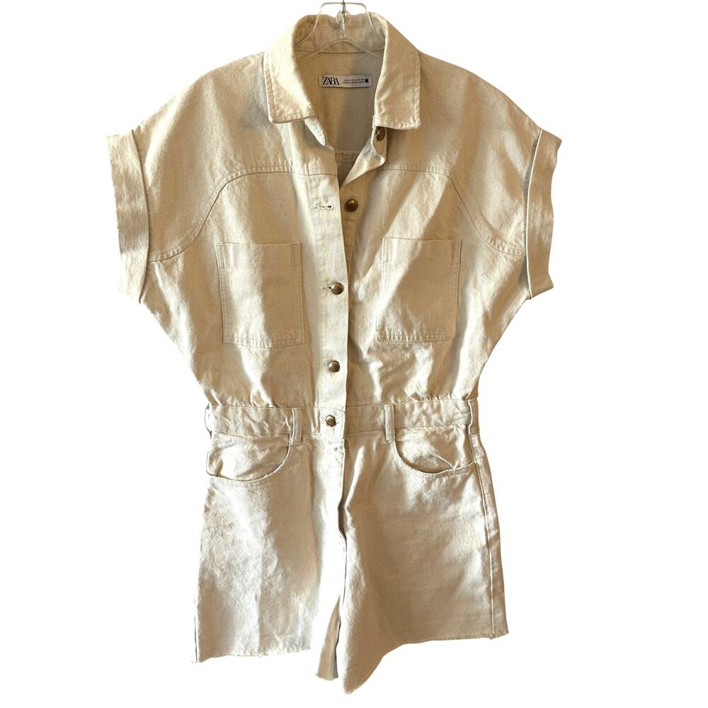 Zara Cream Denim Romper Womens Large Cream Button Front High Waist Playsuit